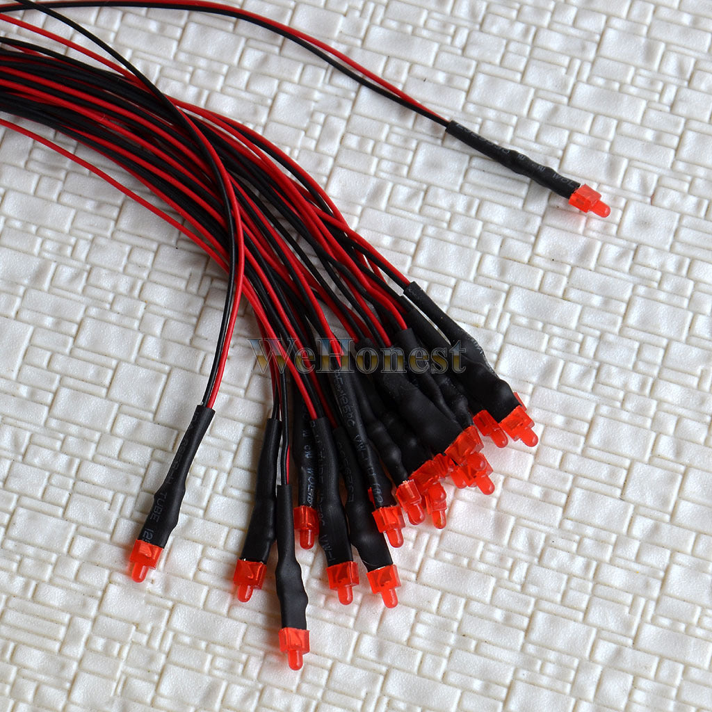 20 pcs prewired 2mm Red LEDs pre-wired 1k resistors for 12V to 18V DC use